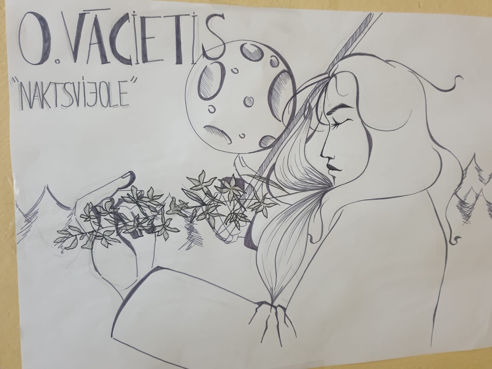 ar roku zīmēts plakāts, meitene spēlē vijoli. Teksts O.Vācieitis "Naktsvijole"