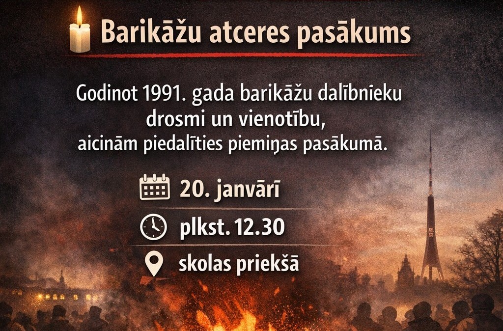 Barikāžu atceres u pasākums 20. janvārī plkst. 12.30. skolas priekšā