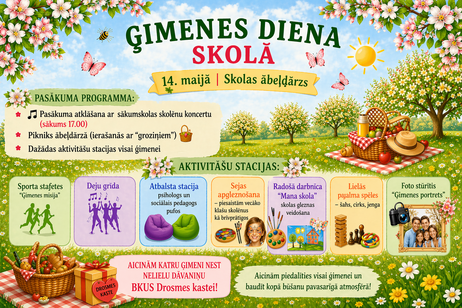 14. maijā Pasākuma programma: Pikniks ābeļdārzā ar "groziņiem". Dažādas aktivitātes stacijas visai ģimenei: Sporta stafetes. Deju grīda. Atbalsta stacija (saturas ar psihologu un speciālo pedagogu). Radošā darbnīca "Mana skola" skolas gleznas veidošana. Lielās pagalma spēles. Foto stūrītis "Ģimenes portrets".