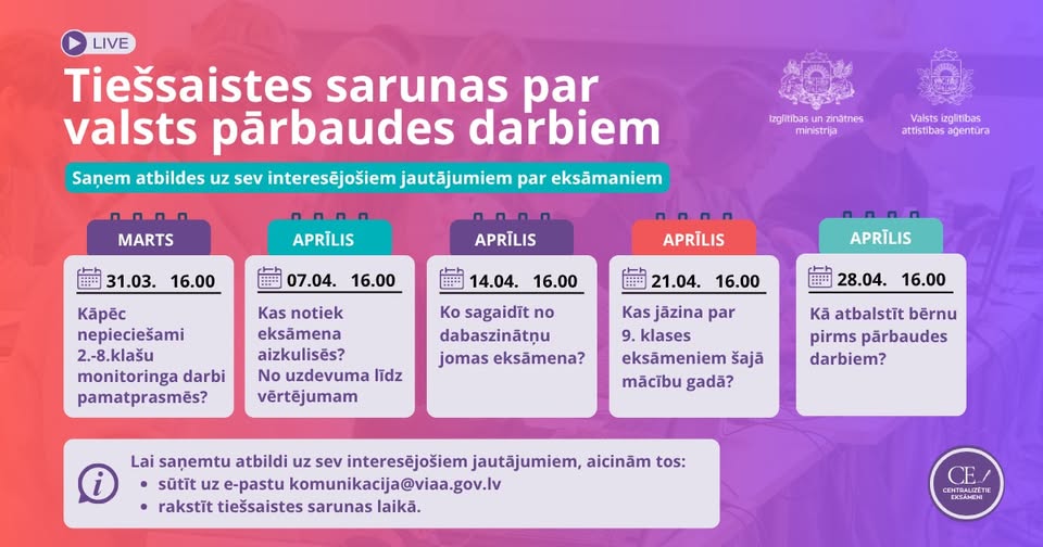 Tiešaistes sarumnas par valsts pārbaudes darbiem 2026.gadā 31.3. ; 07.04., 14.04., 21.04., 28.04.