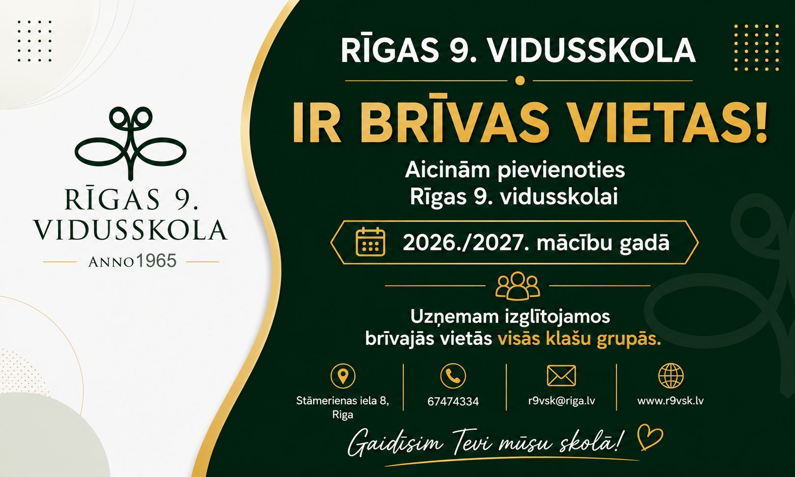 Informācija par bŗīvajām vietām 2026-2027 mācību gadam
