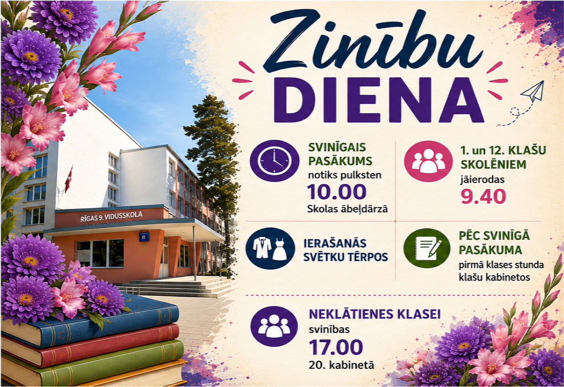  1.septembrī  10:00 svinīgais pasākus skolas ābeļdārzā.       Pēc pasākuma  pirmā klašu stunda mācību kabinetos. 12.n klasei audzināšanas stunda 20. kabinetā 17:00